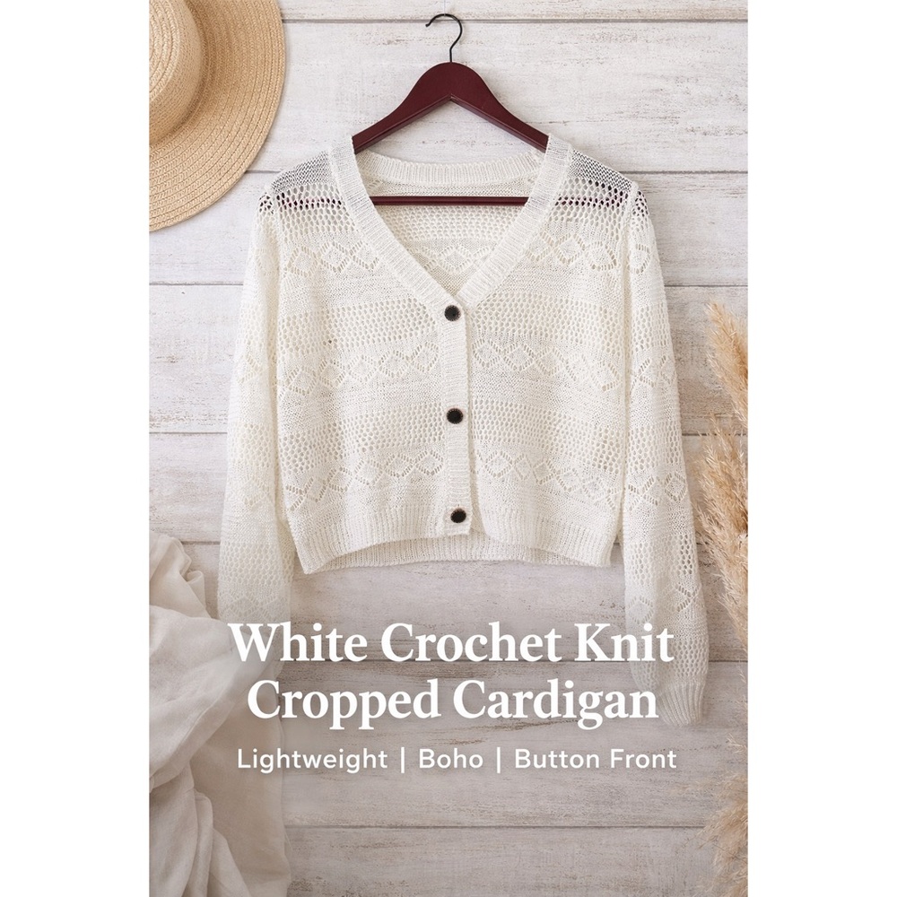 White Crochet Knit Cropped Cardigan Lightweight Boho Button Front